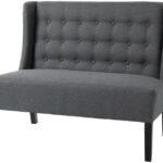 Two-Seater Button-Tufted Sofa — Wooden Legs, Grey Linen Fabric