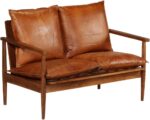 2-Seater Sofa, Solid Wood Loveseat Sofa with 2 Real Leather Removable Cushion, Mid-Century Modern Couch with Wooden Arm for Living Room Bedroom Home Office, Honey Brown