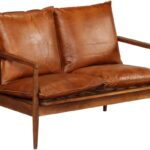2-Seater Sofa, Solid Wood Loveseat Sofa with 2 Real Leather Removable Cushion, Mid-Century Modern Couch with Wooden Arm for Living Room Bedroom Home Office, Honey Brown