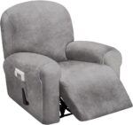 4-Piece, 1 Seat Recliner Cover, Velvet Stretch Reclining Chair Covers for 1 Cushion Reclining Sofa, Single Seat Recliner Couch Cover, Thick, Very Soft, Machine Washable (Light Grey)