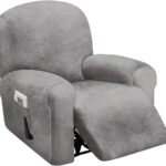 4-Piece, 1 Seat Recliner Cover, Velvet Stretch Reclining Chair Covers for 1 Cushion Reclining Sofa, Single Seat Recliner Couch Cover, Thick, Very Soft, Machine Washable (Light Grey)