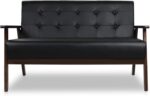 Mid-Century Modern Solid Loveseat Sofa Upholstered Faux Leather Couch 2-Seat Wood Armchair Living Room/Outdoor Lounge Chair, Waiting Room Sofa, 50”W