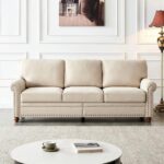 3 Seater Sofa Couch Classic Fabric,with Nails Style and Solid Wood Legs,Easy Assemble/Beige