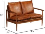 2-Seater Sofa, Solid Wood Loveseat Sofa with 2 Real Leather Removable Cushion, Mid-Century Modern Couch with Wooden Arm for Living Room Bedroom Home Office, Honey Brown - Image 2