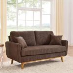 Mid Century Corduroy Sofa with Solid Wood Frame and Tapered Legs, 2 Seat Upholstered Couch with Vertical Channel Texture and Flared Arms, Compact Modern Living Room (Brown)