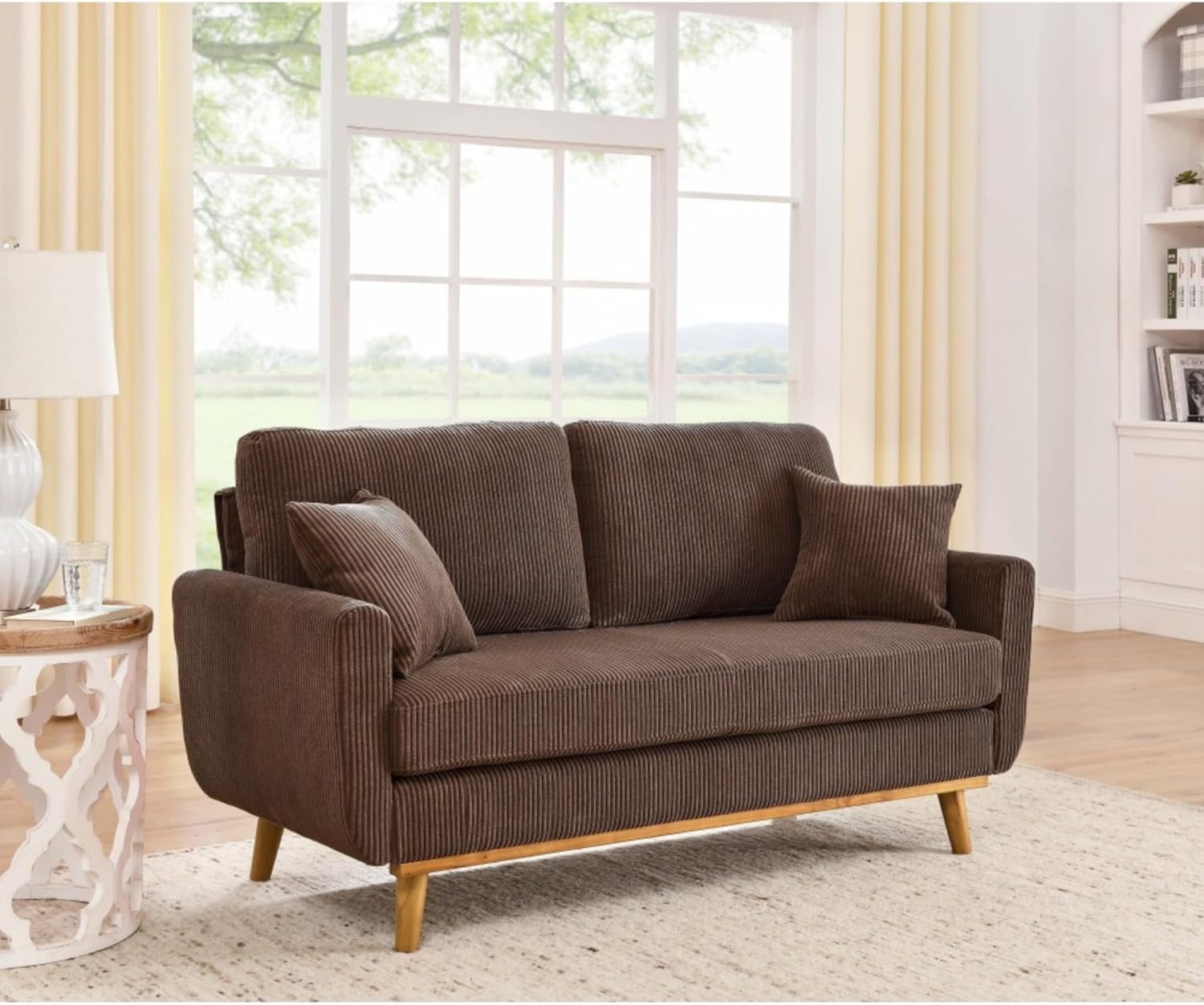 711F-KL7vBL._AC_SL1500_.jpg Mid Century Corduroy Sofa with Solid Wood Frame and Tapered Legs, 2 Seat Upholstered Couch with Vertical Channel Texture and Flared Arms, Compact Modern Living Room (Brown) - Image 1