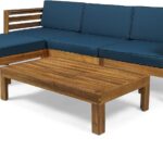 Outdoor 5 Piece Acacia Wood Sofa Set, Teak Finish, Dark Teal