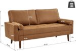 58" Loveseat Sofa Couch, Mid Century Modern Faux Leather Couch with Hand-Sewn Deep Love Seat & 2Pillows, Home Sofa Living Room Small Couches for Small Space,Bedroom,Office,Solid Wood Frame,Brown - Image 2