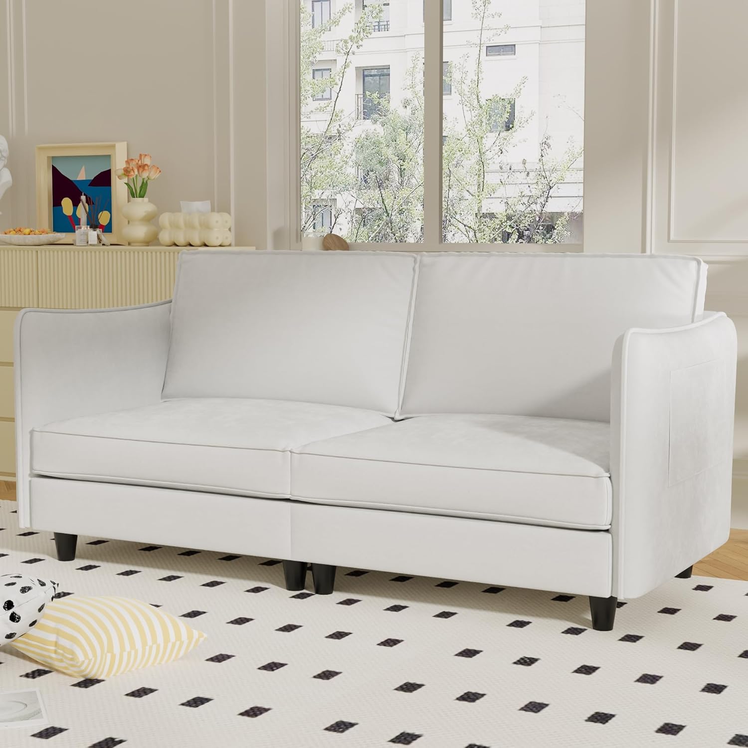 71DOybOxrIL._AC_SL1500_.jpg 74" Sturdy Solid Wood Frame Mid-Century Sofa, Modern Couch with Easy Assembly, Loveseat with Armrest Pockets for Small Spaces, Beige - Image 1