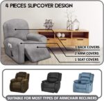 4-Piece, 1 Seat Recliner Cover, Velvet Stretch Reclining Chair Covers for 1 Cushion Reclining Sofa, Single Seat Recliner Couch Cover, Thick, Very Soft, Machine Washable (Light Grey) - Image 2