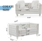 60" Chesterfield Sofa, Velvet Mid-Century Modern Upholstered Loveseat Sofa with 2 Throw Pillows and Acrylic Legs, Nailhead Button Tufted Vintage Couch for Living Room, Apartment, Beige - Image 2
