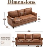 Mid-Century Modern Couch, Faux Leather Sofa, 3 Seater Couch for Living Room with Rolled arms & Nailhead Trim, Brown - Image 2