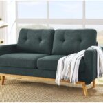 Mid-Century Modern Tufted Upholstered Loveseat Sofa with Splayed Wooden Legs, Polyester Fabric 3-Seat Lounge Couch for Living Room, Retro Accent Furniture with Supportive Backrest (Grayish Green)