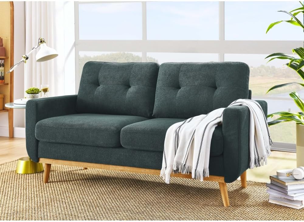 71b56XxpFQL._AC_SL1000_.jpg Mid-Century Modern Tufted Upholstered Loveseat Sofa with Splayed Wooden Legs, Polyester Fabric 3-Seat Lounge Couch for Living Room, Retro Accent Furniture with Supportive Backrest (Grayish Green) - Image 1
