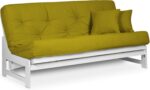 Armless White Wood Futon Frame Only, Queen Size - Solid Hardwood Sofa Bed Frame Construction, Space Saving Design Ideal for Small Rooms and Dorms