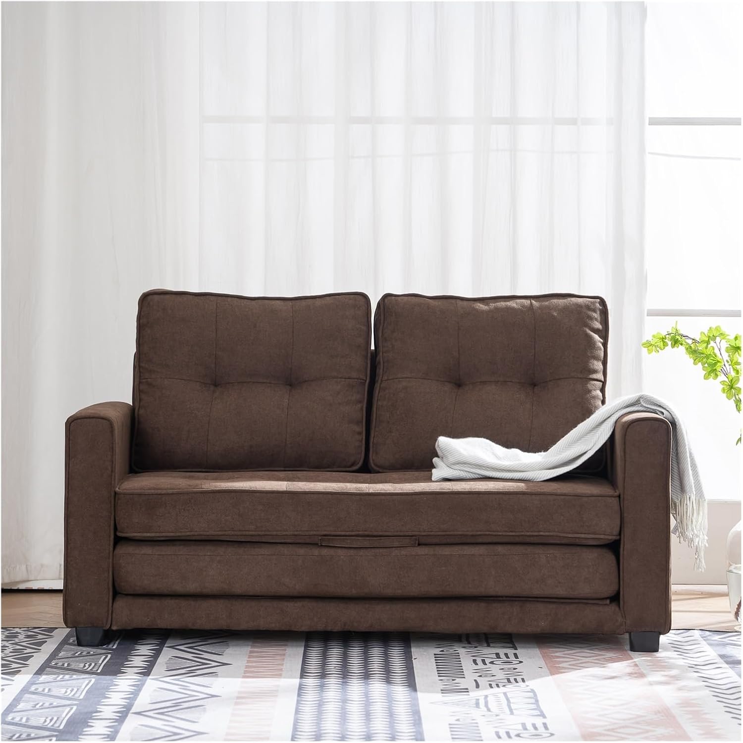 71kA1tfxhSL._AC_SL1500_.jpg Simple Style Double Sofa Bed Disassembly&Assembly of Back Pull Point 148x74x81CM Solid Wood Soft Bag Brown,Sofa Couch - Image 1