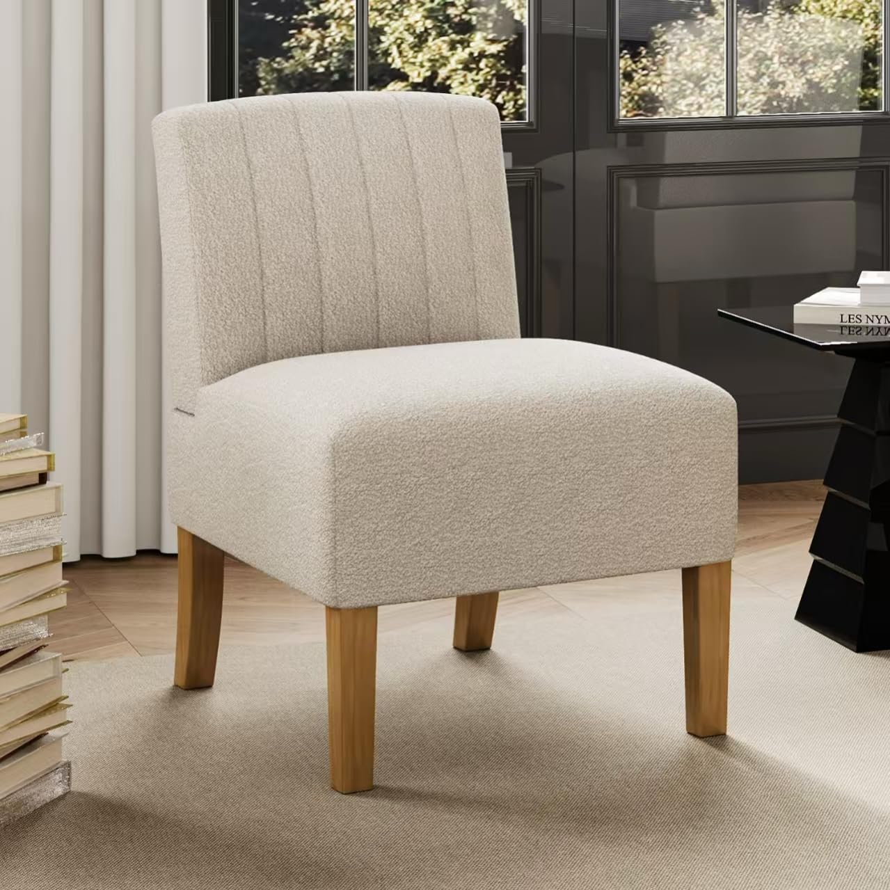 71n7tpD3ZrL._AC_SL1279_.jpg Armless Accent Chair for Bedroom, Modern Slipper Vanity Chair with Solid Wood Legs, Comfy Upholstered Bedroom Chair, Guest & Reading Chair - Beige - Image 1