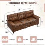 79-inch 3 Seater Couch with Storage, Mid-Century Vintage Retro Faux Leather PU Upholstery Tufted Cloud Comfy Deep Seat Sofa Couch for Living Room Office Apartment, Brown - Image 2