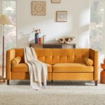 78'' W Velvet Sofa, Mid-Century Love Seats Sofa Furniture with Bolster Pillows, Button Tufted Couch for Living Room, Tool-Free Assembly (Ginger)