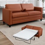 Full Size Pull Out Sofa Bed, 2 in 1 Sleeper Sofa with Memory Foam Fold Out Mattress, Modern Convertible Couch Bed with Faux Leather for Living Room Guestroom Apartment (Cognac Hue)