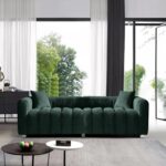 87.4" Mid-Century Sofa Couch, 3 Seater Sofa with Two Pillows, Upholstered Sofa Couch Tufted Teddy Fabric Solid Wood Fram and Legs for Living Room Bedroom Office (Green)