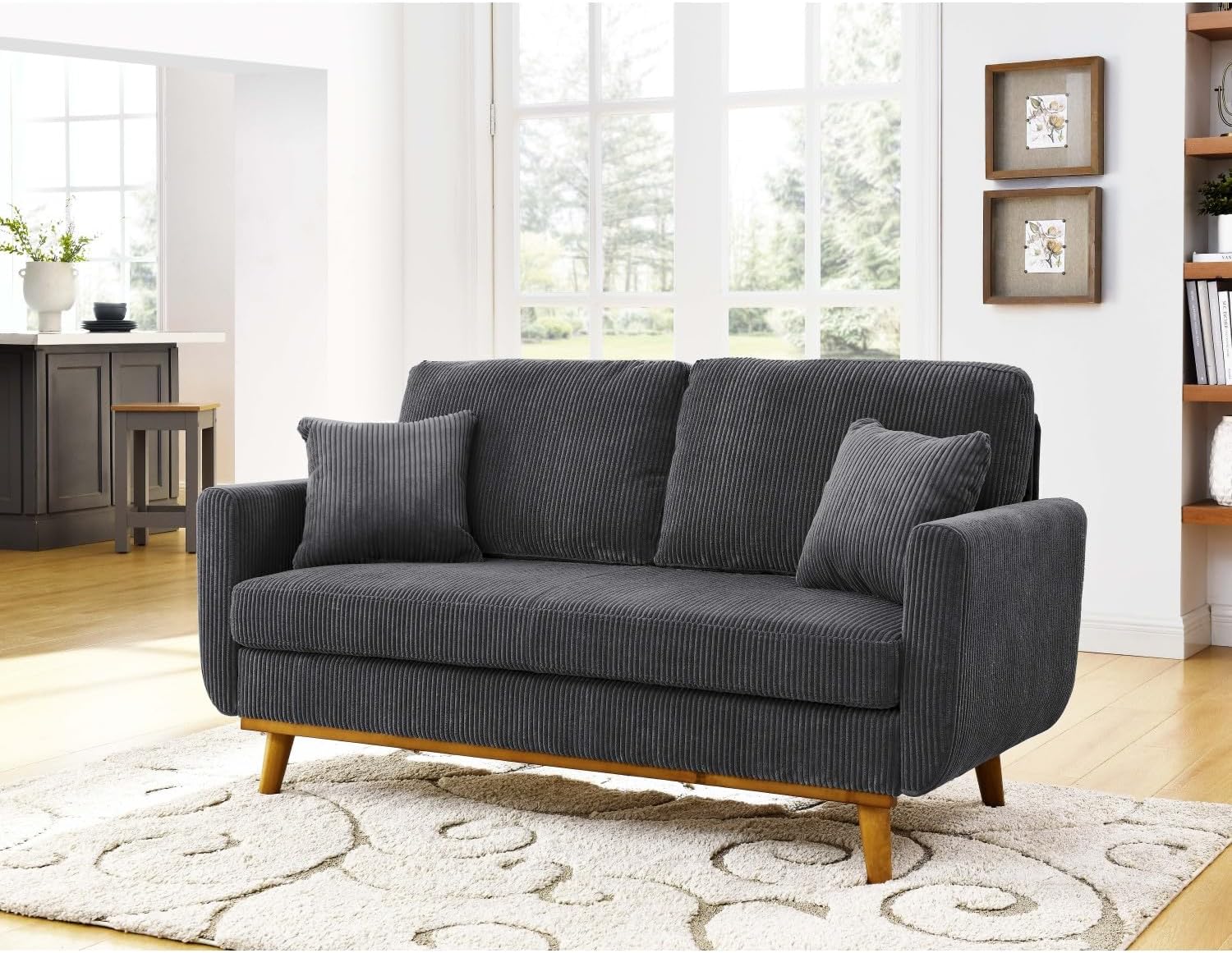 81-XzxXD2L._AC_SL1500_.jpg Mid-Century Corduroy Sofa - Corduroy Gray - Solid Wood Frame & Tapered Legs - Small Spaces & Open-Concept Living Rooms - Cozy Comfort - Image 1