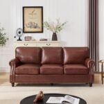 Faux Leather Sofa, Mid Century Modern Couch with Rolled Arm & Nailhead Trim for Living Room, Office - Retro Brown