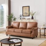 Mid-Century Modern Couch, Faux Leather Sofa, 3 Seater Couch for Living Room with Rolled arms & Nailhead Trim, Brown