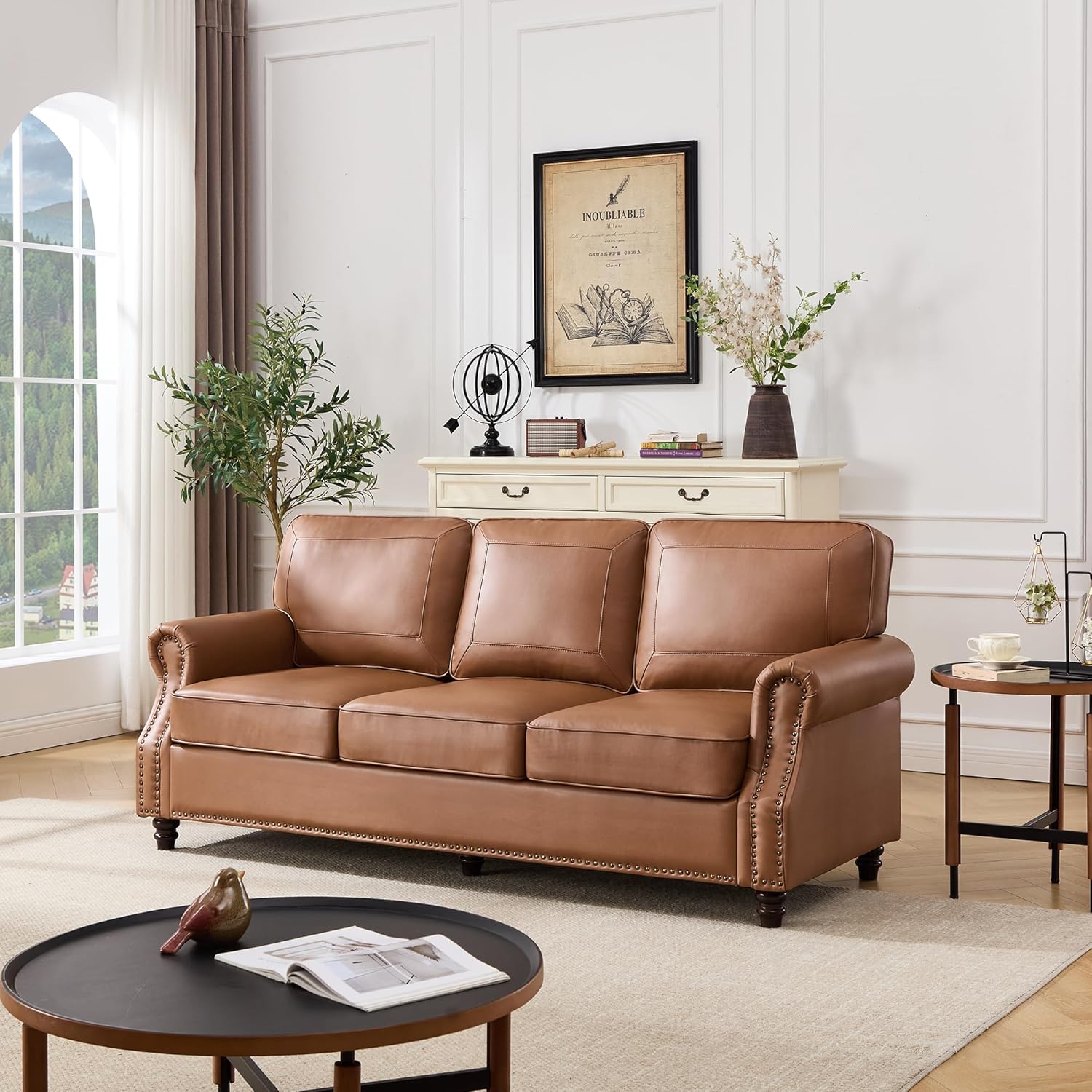 814vdRPkD0L._AC_SL1500_.jpg Mid-Century Modern Couch, Faux Leather Sofa, 3 Seater Couch for Living Room with Rolled arms & Nailhead Trim, Brown - Image 1