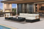 Patio Outdoor Furniture Set 8 Pieces, Premium Leather Outdoor Couch Sectional Sofa, L-Shaped Patio Conversation Sets with Olefin Cushions, Patio Couch for Porch, Balcony, Garden, Black