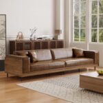 Mid-Century Modern Leather Sofa 111.81" with Wooden Accents on Sides & Back, Spacious 3 - Seat Couch for Living Room, Bedroom or Lounge Space, Brown