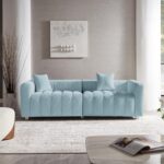 3 Seater Sofa with Two Pillows, Tufted Teddy Fabric Mid-Century Sofa Couch, Upholstered Sofa Couch Solid Wood Fram and Legs for Living Room Bedroom Office (Blue-87.4")