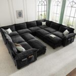 Huge U-Shaped Modular Sectional Sofa Bed, 12 Seater Cloud Couch with Ottoman, Chenille Sectional Couches for Living Room, Apartment, Black