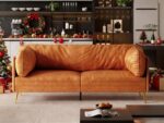 73'' Mid-Century Modern Couch, Small Loveseat for Office, Living Room, Apartment, Tool-Free Assembly, Solid Wood Frame, Comfy Cushions, Orange Fabric