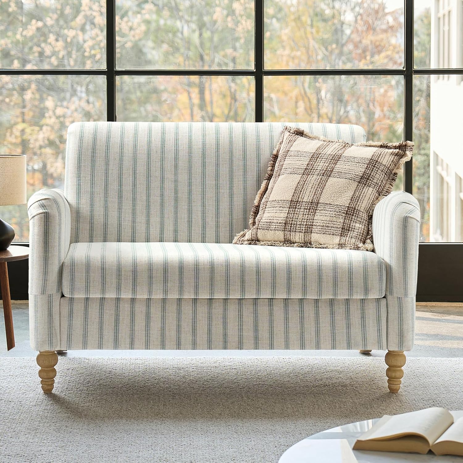 81O7bxc-IyL._AC_SL1500_.jpg 50.5" Loveseat Sofa with Stripe Pattern, 2 Seater Farmhouse Sofa with Rolled Wide Armrests and Rubber Wood Legs, Comfy Upholstered Small Couch for Living Room Bedroom, Blue - Image 1