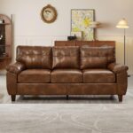 79-inch 3 Seater Couch with Storage, Mid-Century Vintage Retro Faux Leather PU Upholstery Tufted Cloud Comfy Deep Seat Sofa Couch for Living Room Office Apartment, Brown