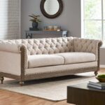 3-Seat Sofa with Wooden Legs, Retro Style Sofa Couch Furniture with Rivet Detailing, Loveseat with Pull-tab Backrest for Living Room Apartments Office, Beige