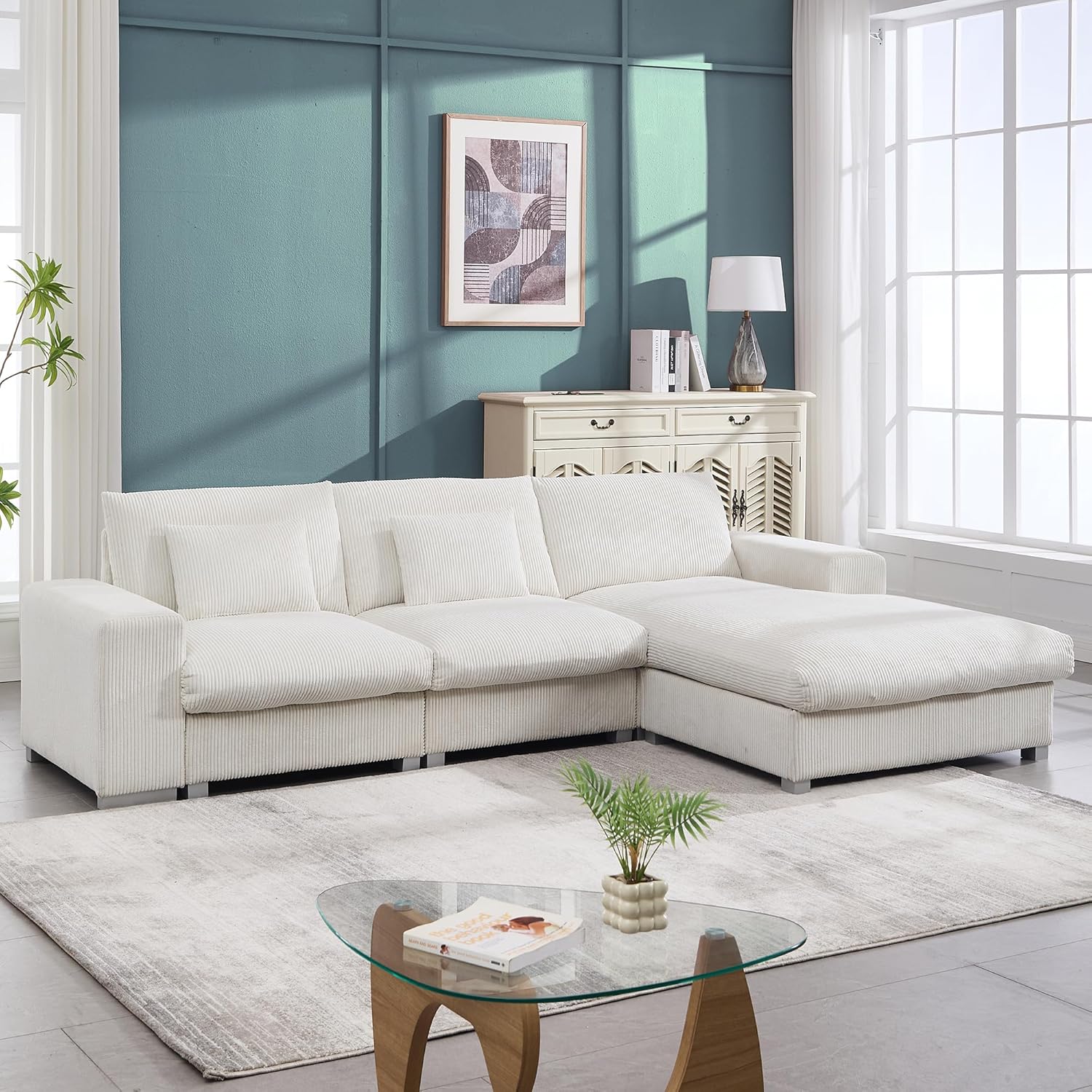 81cYZ82rPfL._AC_SL1500_.jpg L-Shaped Flannel Sofa: Style Wooden Frame & High-Resilience Foam - Minimalist Living Room Furniture for Family & Friends Gathering - Image 1