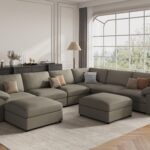 Modular Sectional Sofa, Oversized Faux Leather Sectional with Ottoman, Wide Deep Modular Couch, Scratch Resistant Faux Leather Material, U Shaped Couch for Big Spaces, Light Grey