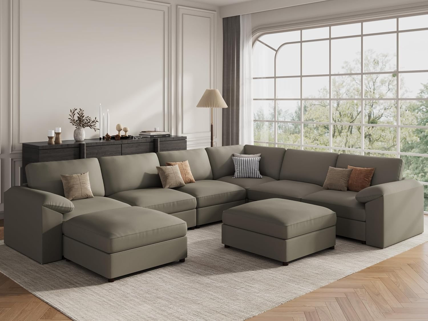 81ck1Z4gEOL._AC_SL1500_.jpg Modular Sectional Sofa, Oversized Faux Leather Sectional with Ottoman, Wide Deep Modular Couch, Scratch Resistant Faux Leather Material, U Shaped Couch for Big Spaces, Light Grey - Image 1