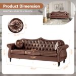 82" Three Seater Sofa, Chesterfield Sofa, Mid-Century Modern PU Upholstered Sofa, Deep Button Tufted Living Room Sofa with Two Throw Pillows, Brown - Image 2