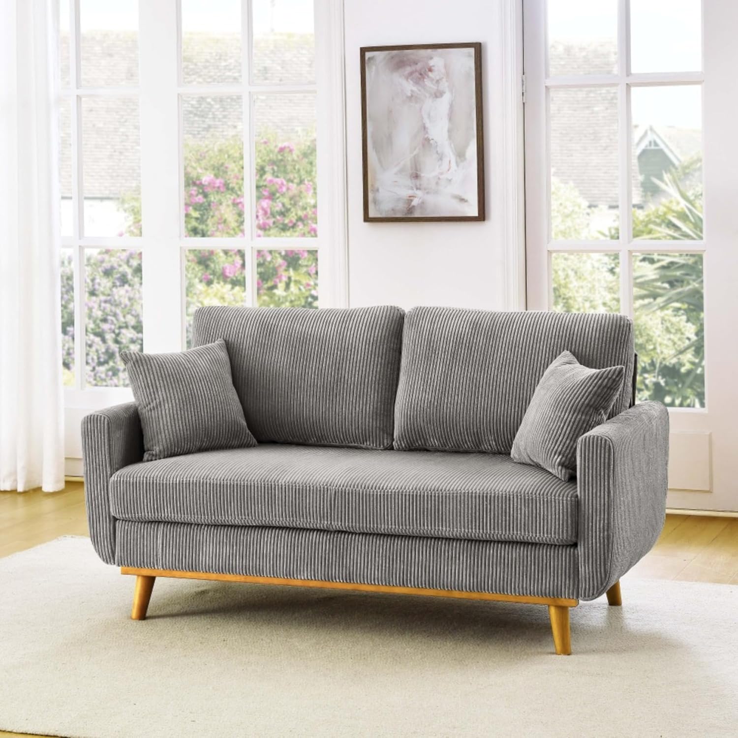 81csgzpKCL._AC_SL1500_.jpg Mid Century Corduroy Sofa with Solid Wood Frame and Tapered Legs, 2 Seat Upholstered Couch with Vertical Channel Texture and Flared Arms, Compact Modern Living Room (Light Gray) - Image 1