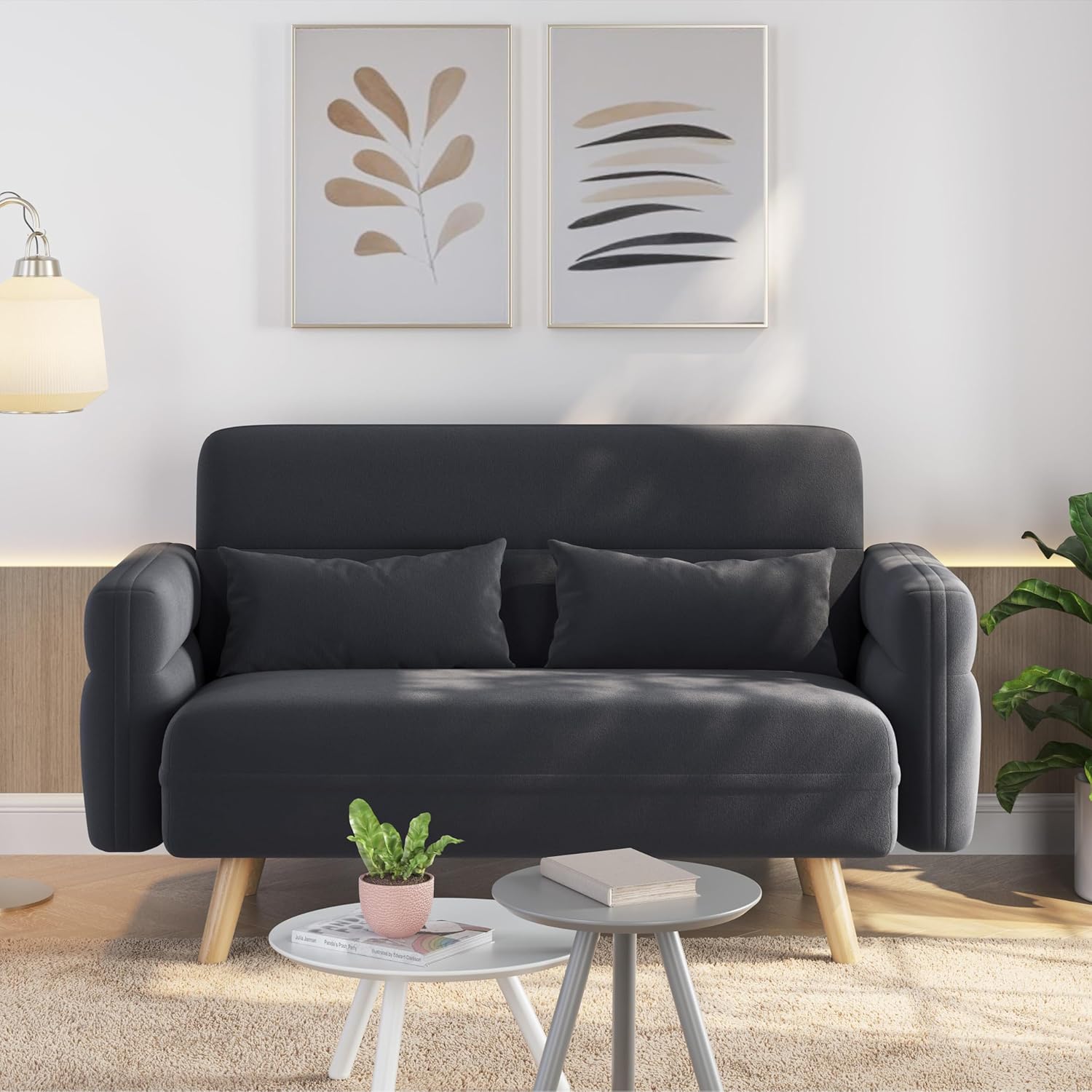 81ftPE28GXL._AC_SL1500_.jpg 46" Small Modern Fabric Sofa Loveseat Mid Century 2 Seater Sofa Couch with Lumbar Pillows, Solid Wood Legs for Living Room, Small Space, Dorm, Office, Bedroom, Dark Gray - Image 1
