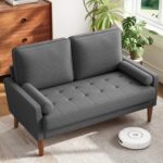 Loveseat Sofa with Solid Wood Legs, 48" Small Couches for Small Spaces, Love Seat for Living Room, Bedroom, Easy Assembly Mid Century Modern Couch with Throw Pillow for Apartment, Grey