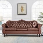 82" Three Seater Sofa, Chesterfield Sofa, Mid-Century Modern PU Upholstered Sofa, Deep Button Tufted Living Room Sofa with Two Throw Pillows, Brown