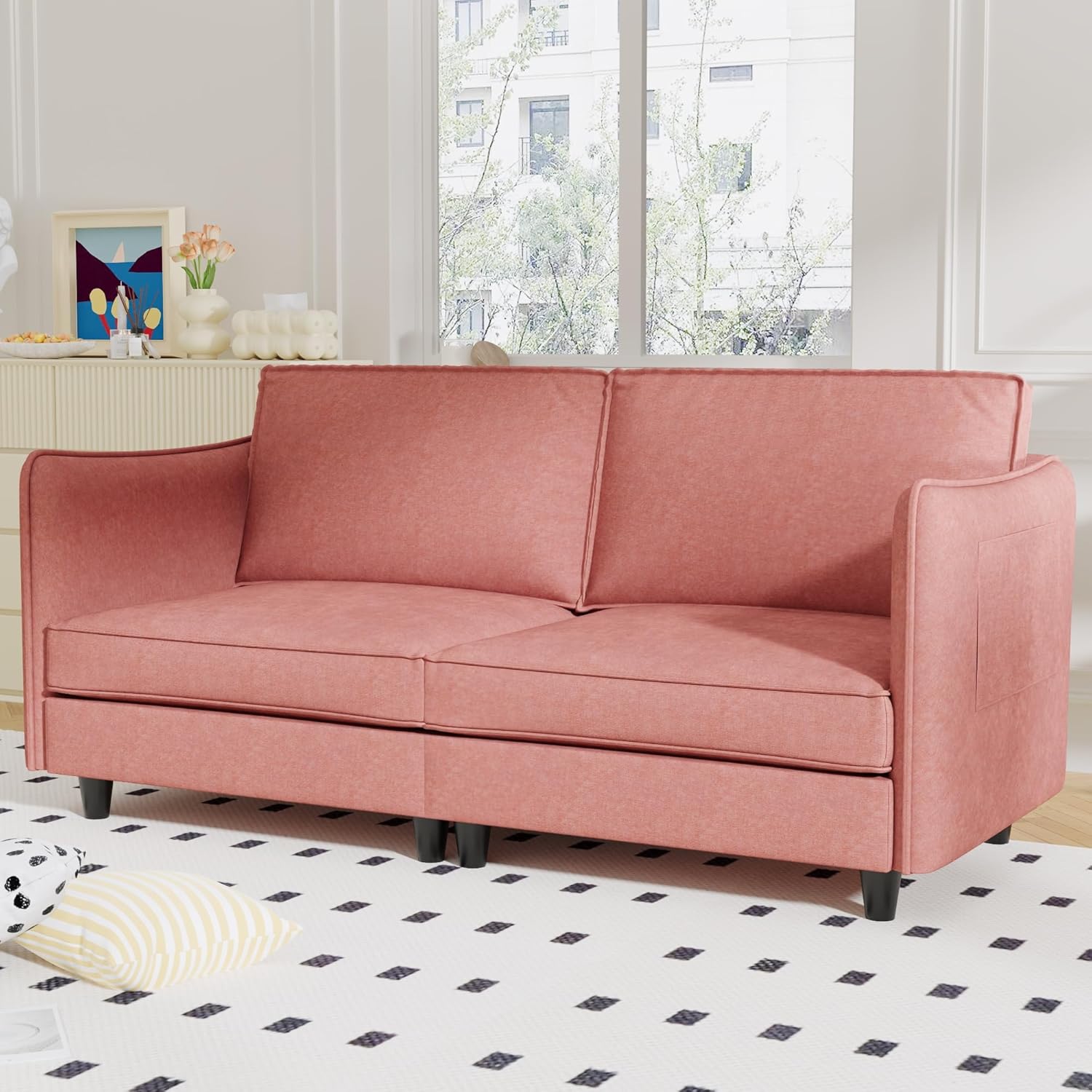 81oyVXGEHDL._AC_SL1500_.jpg 74" Sturdy Solid Wood Frame Mid-Century Sofa, Modern Couch with Easy Assembly, Loveseat with Armrest Pockets for Small Spaces, Red - Image 1