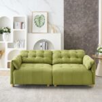 Retro Cloud Style Flannelette Fabric 2-Seat Sofa with Tufted Cushions, Solid Wood Frame, High-Density Sponge Filling, Soft Upholstered Backrest, Wide Deep Seating, Quick Rebound Support (Green)