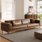 111.81" Mid-Century Modern 4-Seater Sofa, Waxed Leather Wood Couch with Walnut Frame for Living Room, Apartment, and Office, Brown