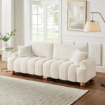 Boucle Sofa Couch, 91" Comfy Tufted Upholstered Cloud Couches, Modern 3 Seater Sofa with Pillows, Oversized Deep Seat  Couch for Living Room, Bedroom, Apartment (White)
