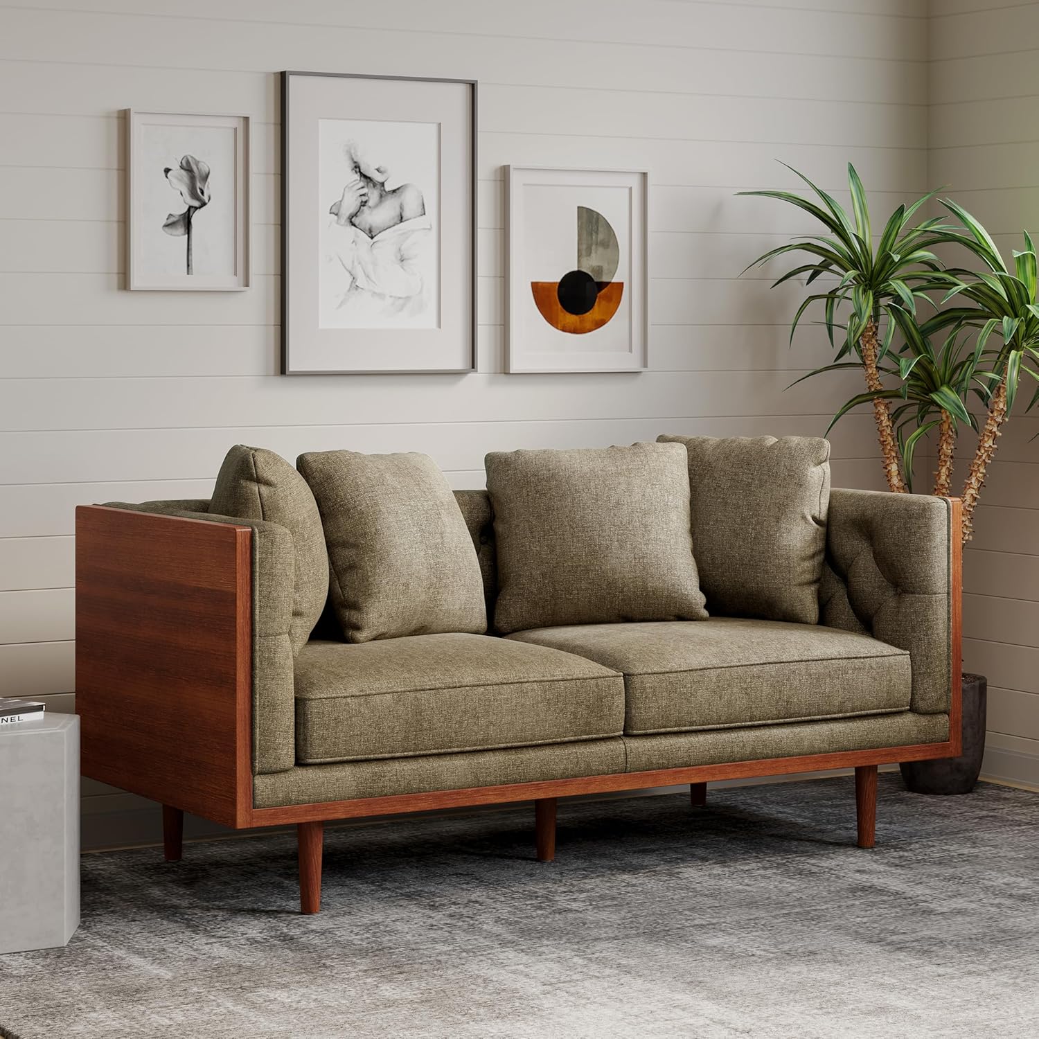 91ZPpU7LQpL._AC_SL1500_.jpg Mid-Century Modern Loveseat Sofa, Couch with Button-Tufted Upholstery, Wood Frame Stylish Retro Design for Living Room Apartment Office, Dark Beige - Image 1